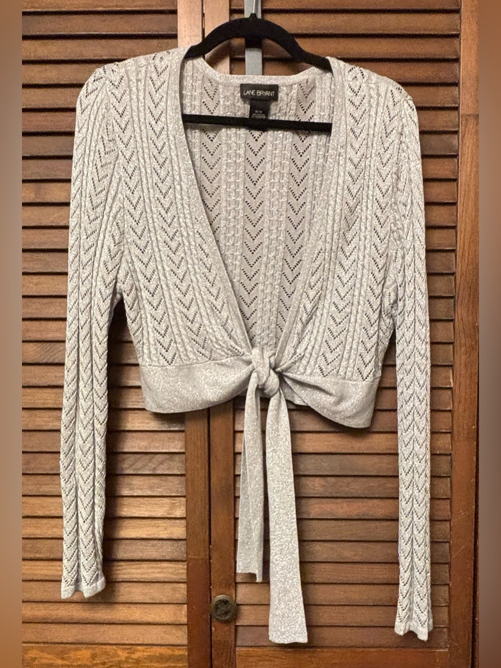 Lane Bryant Silver Metallic Tie-Waist Openwork Knit Cardigan•Shrug